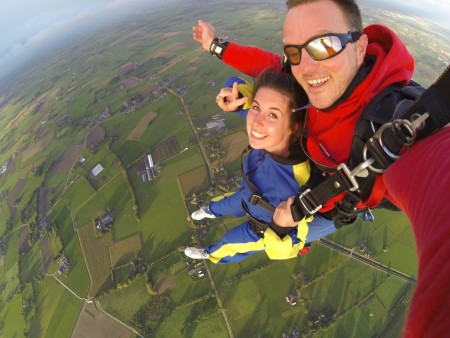 Man and woman skydiving