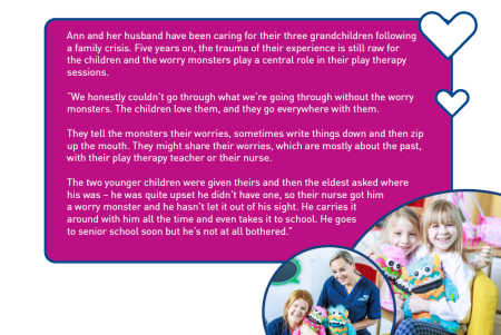 Ann and her husband have been caring for their three grandchildren following a family crisis. Five years on, the trauma of their experience is still raw for the children and the worry monsters play a central role in their play therapy sessions. “We honest