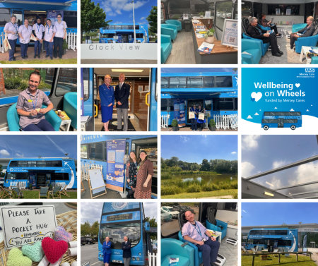 A collage of Wellbeing on Wheels photographs. A blue bus with Mersey Care staff visiting to support wellbeing